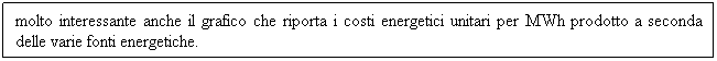 Casella di testo: molto interessante anche il grafico che riporta i costi energetici unitari per MWh prodotto a seconda delle varie fonti energetiche.
&nbsp;
